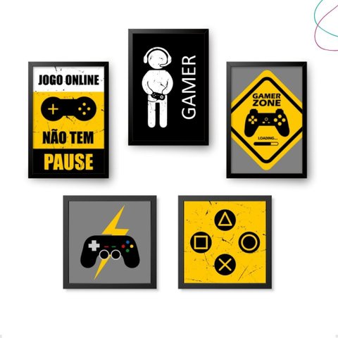 Kit 5 Quadros Decorativos Gamer Vídeo Game:preta
