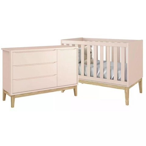 Jogo de Quarto Classic Cômoda com Porta e Berço Rosa Fosco com Pés Madeira Natural - Reller Mó