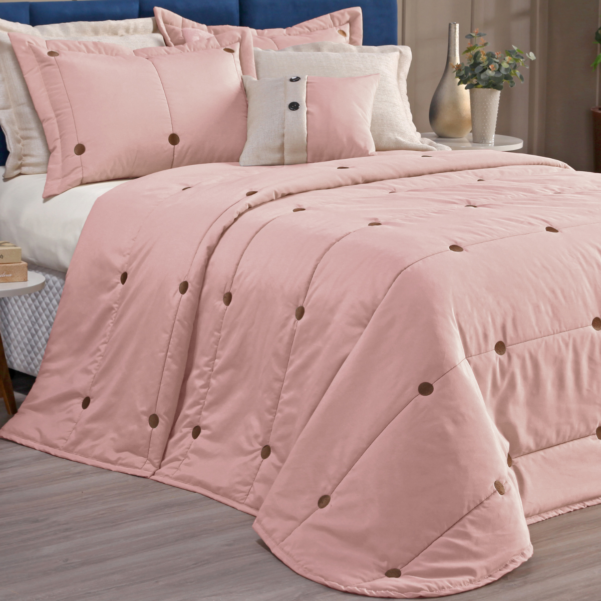 Colcha Queen Size Brianna 200 Fios Bordado Super Luxuoso Botao:rosa