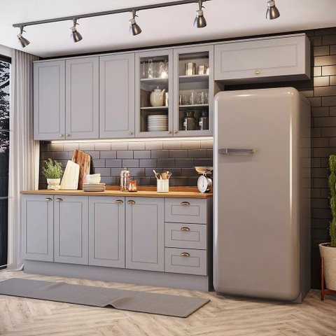 Cozinha Compacta 280cm Americana com Vidro 5 Peças 10 Portas 3 Gavetas Henn - Cinza