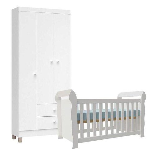Berço Americano Lara e Guarda Roupa Ternura Baby 3 Portas Branco Brilho - Incorplac