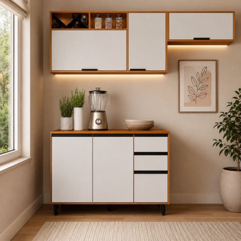 Cozinha Modulada Ravena 3 Peças com Balcão 120cm Flex Armário Aéreo 120cm e Aéreo Geladeira Poliman