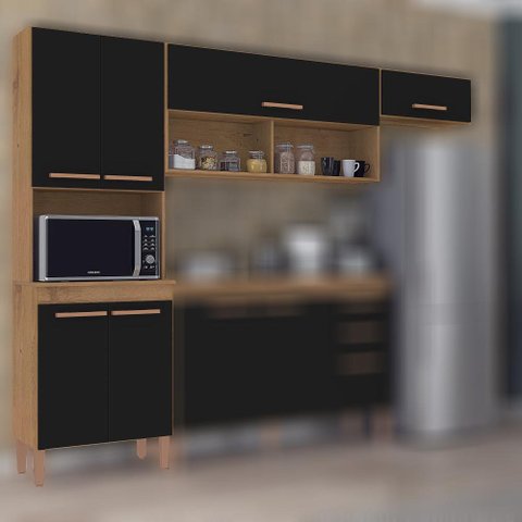 Cozinha Compacta Modena Armário Paneleiro Nicho Microondas 6 Portas Marrom e Preto