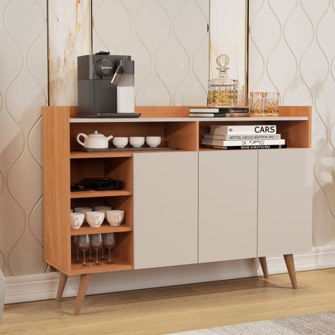 Buffet Aparador 3 Portas 5 Nichos Celta Bege/Nature/Off White