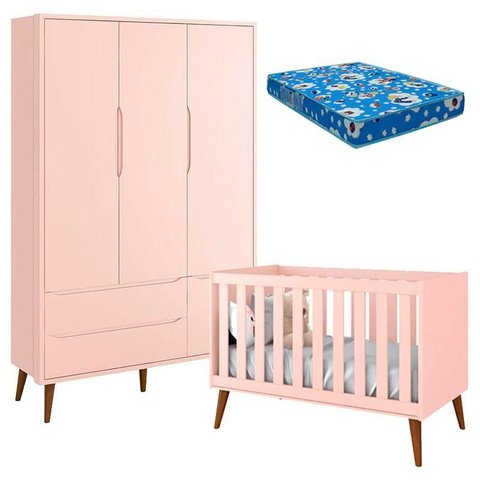 Berço Americano e Guarda Roupa Theo 3 Portas Rosa Pés Amadeirados com Colchão - Reller