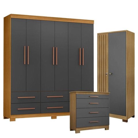Guarda Roupa Casal New Kansas com Cômoda 4 Gavetas New e Armário Multiuso Versatile Carvalho