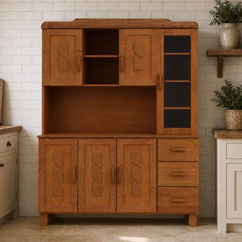 Armário de Cozinha Rústico com Cristaleira 6 Portas Aplique 3 Gavetas Lorie F06 Castanho - Lyam Deco