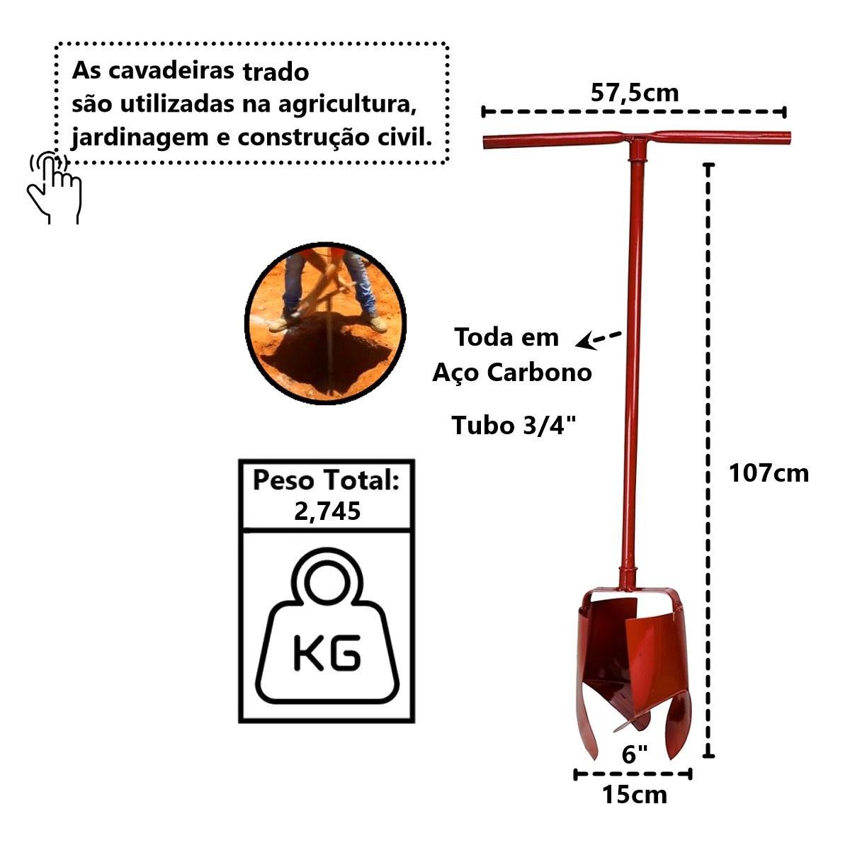 Kit Cavadeira Trado 06pol Cabo Aço Carbono e 03 Extensor Minasul - 6