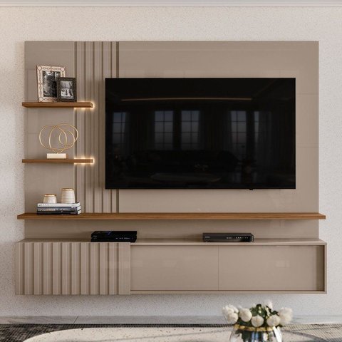 Painel Ripado para TV até 65 Polegadas com LED 3 Portas 167,5x200cm Atena Yescasa Bege