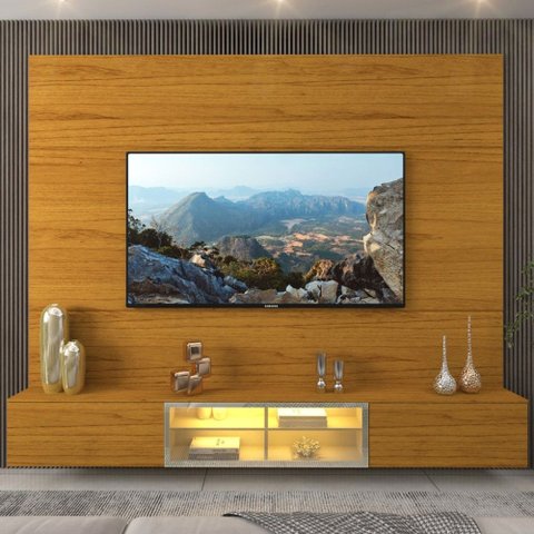 Painel para TV até 85 Polegadas Luminare 3 Portas com Vidro Reflecta e LED 100% MDF Naturale - Geliu