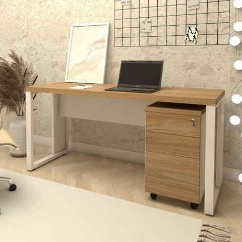 Mesa Escrivaninha Industrial 150cm Gaveteiro Clean Pés Metal Cor:macadâmia com Branco