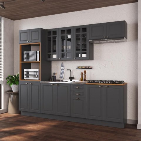 Armário de Cozinha Modulada Completa Fidelitá Nara 100% MDF 5 Peças 270cm 14 Portas 2 Gavetas sem