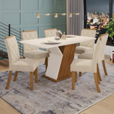 Conjunto Sala de Jantar Tampo Mdf com Vidro Canto Arredondado 160 Cm 06 Cadeiras Lupita Casa 812