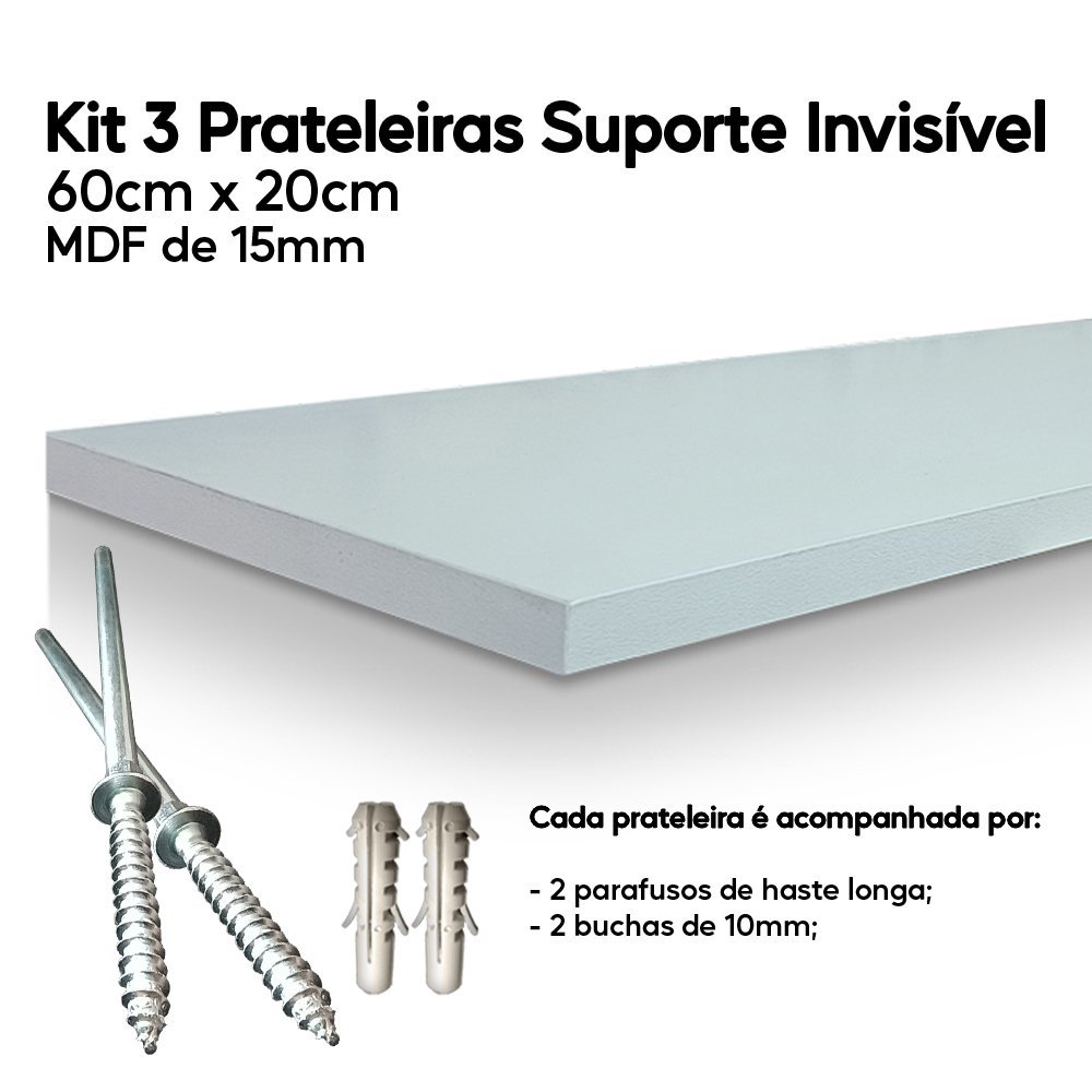 Kit 3 Prateleiras de Mdf 60x20 Suporte Invisível Decoração Mastertel Prateleira Suporte invisível