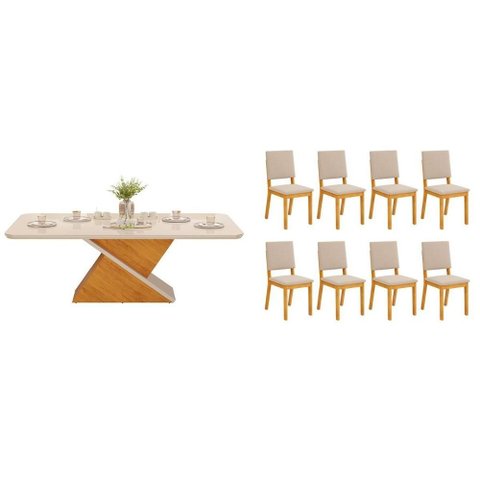 Conjunto: Mesa Sala Jantar Zafira C/ Tampo Madeirado C/ Vidro Curvo 200x100cm e 8 Cadeiras Talia