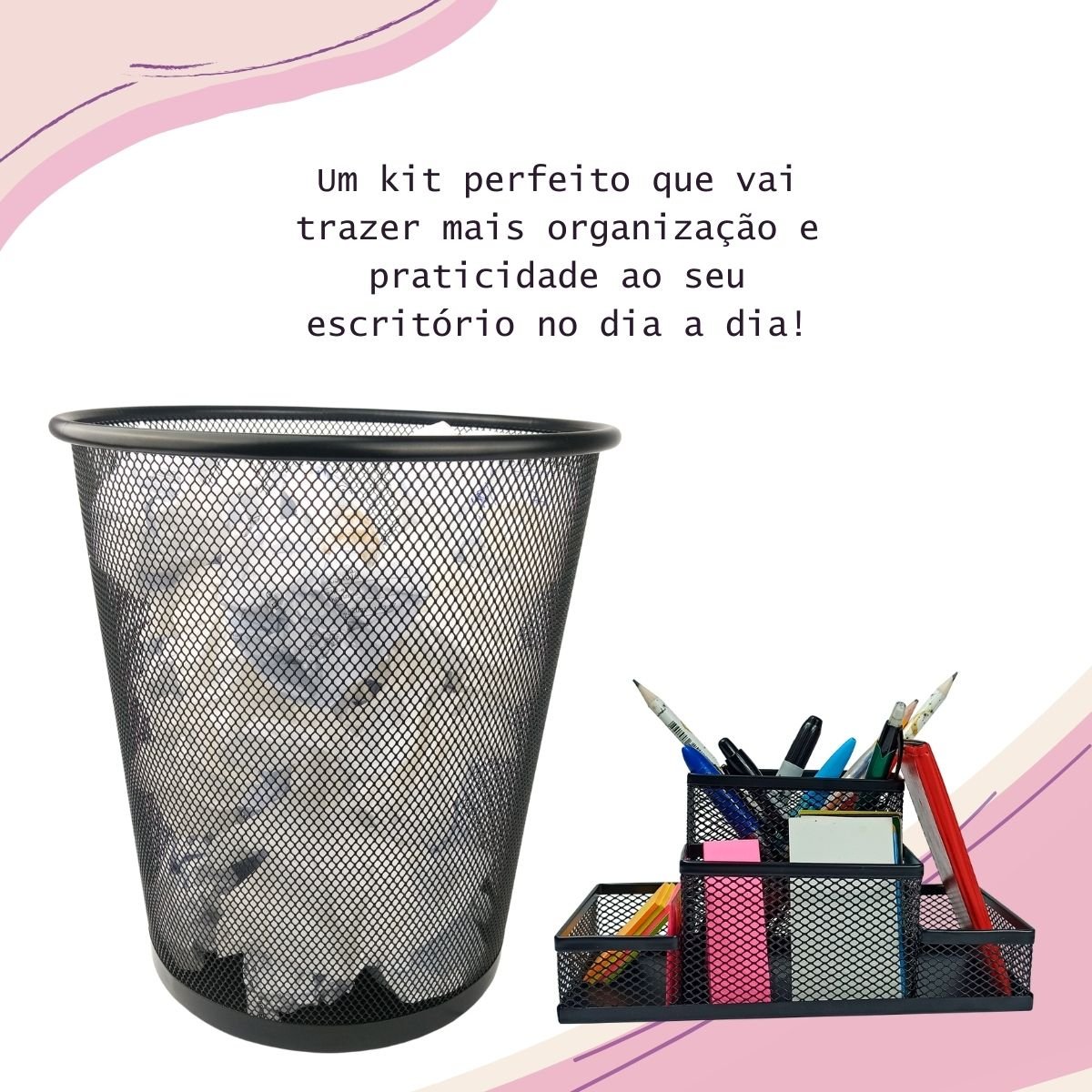 Kit Organizador de Mesa e Lixeira de Escritório Prata ou Preto - Preto - 2