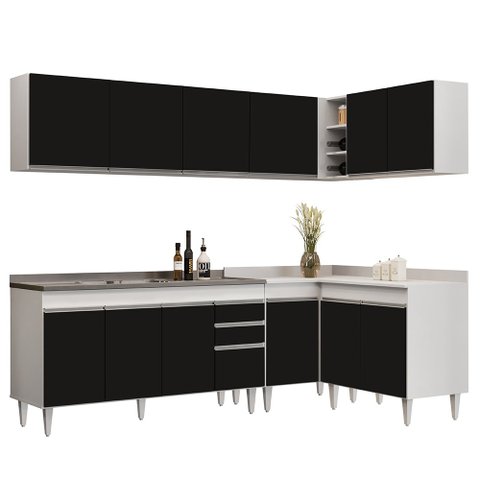 Armário de Cozinha Modulado de Canto 6 Peças Cp33 com Pia Inox Branco/preto - Lumil Lumil Móveis