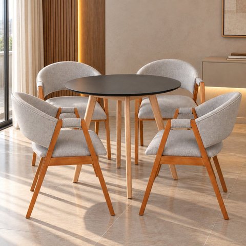 Conjunto Mesa Jantar Tampo Redondo Preto 90cm & 4 Poltronas Moderna Cinza-Claro em Linho