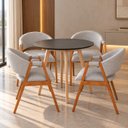 Ver imagem 1 de Conjunto Mesa Jantar Tampo Redondo Preto 90cm & 4 Poltronas Moderna Cinza-Claro em Linho