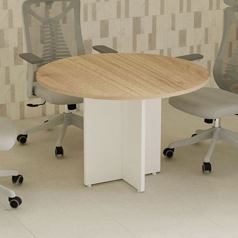 Mesa de Reunião Redonda 110cm x 110cm com 4 Lugares e Pés Painel para Escritório Corporate Marrom/Carvalho Treviso com Branco
