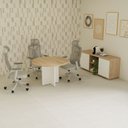 Ver imagem 5 de Mesa de Reunião Redonda 110cm x 110cm com 4 Lugares e Pés Painel para Escritório Corporate Marrom/Carvalho Treviso com Branco