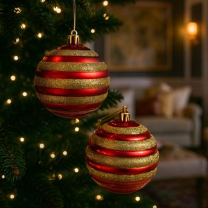 Kit 2 Bola de Natal Vermelha Dourada 10cm Decoração Árvore