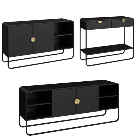 Conjunto Sala Estar Rack Buffet e Aparador Estilo Orgânico Nero/preto