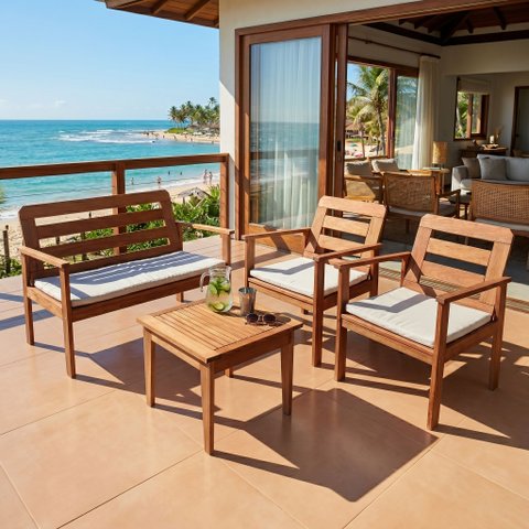 Conjunto para Jardim com 1 Sofá 2 Poltronas 1 Mesa de Centro Madeira Maciça Cairo Yescasa