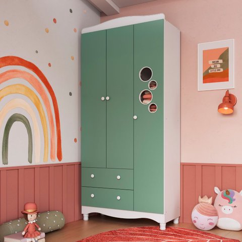 Guarda Roupas Infantil 3 Portas e 2 Gavetas 91x40x198 Cm Branco e Verde Completa Móveis