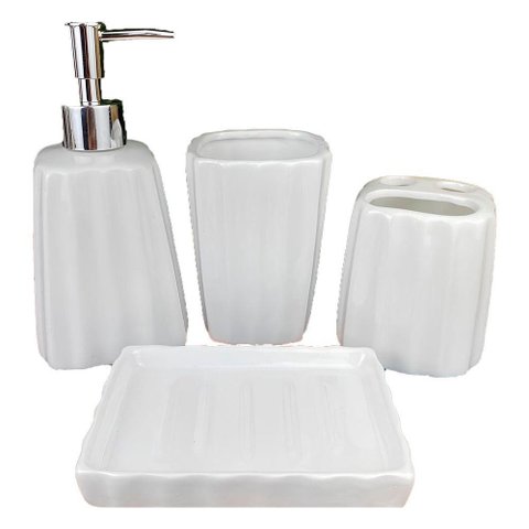 Kit 4pçs Banheiro Lavabo Luxo Modelagem 3d Cerâmica Branco