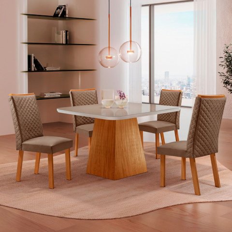 Mesa de Jantar Aida 90 cm Tampo MDF Vidro Canto Copo com 4 Cadeiras Lira