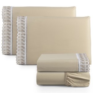 Jogo de Lençol Cama Queen 4 Peças 100% Algodão Percal 180 fios Com Leze:Avelã