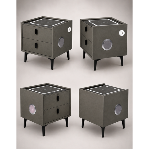 Mesa de Cabeceira Inteligente com Cofre Biométrico e Som Cinza LED 2 Gavetas