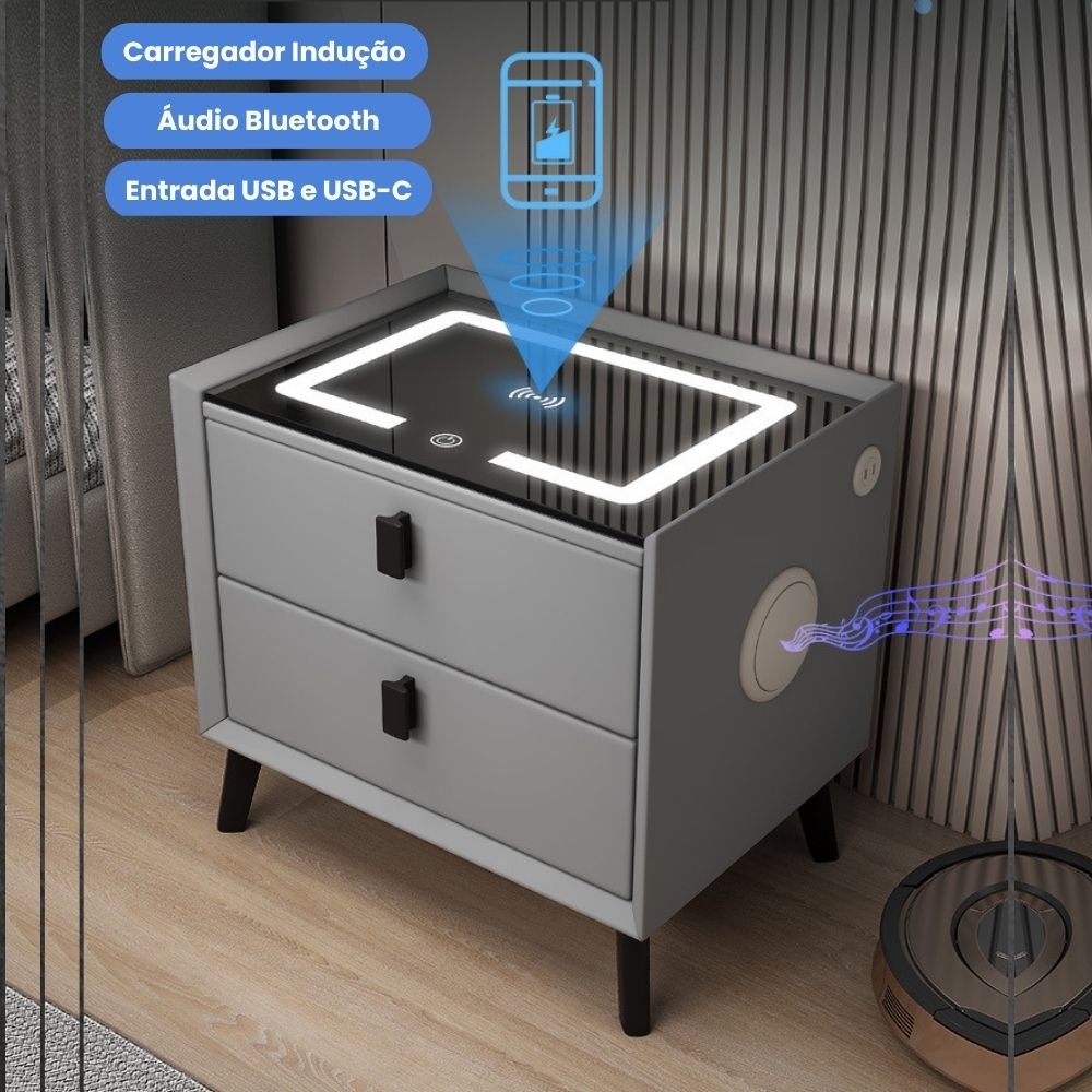 MESA DE CABECEIRA INTELIGENTE CINZA COM DIGITAL BIOMETRIA SEGREDO 2 GAVETAS CAIXA DE SOM BLUETOOTH - 3