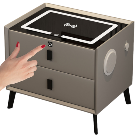 MESA DE CABECEIRA INTELIGENTE CINZA COM DIGITAL BIOMETRIA SEGREDO 2 GAVETAS CAIXA DE SOM BLUETOOTH