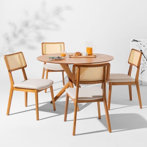 Conjunto Mesa de Jantar Thai Redonda Carvalho Americano - 1,20m + 4 Cadeiras Lalá Encosto Palha Crem