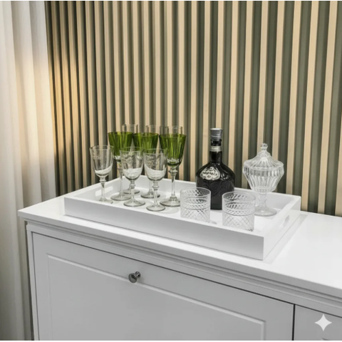 Bandeja Grande Branca Vidro Decoração Luxo para Cozinha Sala Bar 60x35