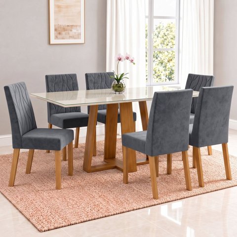 Conjunto Sala de Jantar Mesa Lisa 160cm Tampo MDF Vidro Canto Reto 6 Cadeiras Flavia