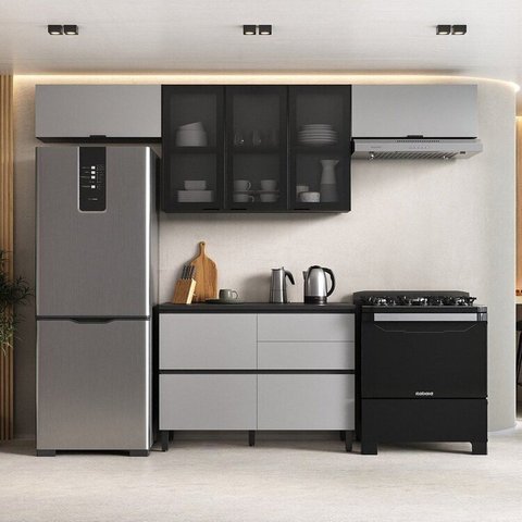 Cozinha Modulada 4 Peças 6 Portas 4 Gavetas MDF Dodradiça Slow Motion Lúmina Itatiaia Grafite/Fendi Cinza