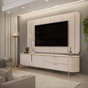 Rack Com Painel Celine Para TV Até 75 Polegadas 2 Portas 2 Gavetas LED Off White- DJ Móveis Bancada 