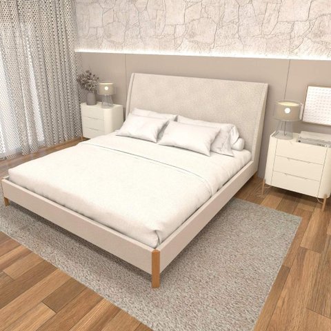 Cama King com Cabeceira Estofada e 2 Mesas com Gavetas Mdf Cor:veludo Creme com Luna