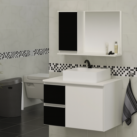 Kit Gabinete Mdf com Cuba e Espelheira 0,60m para Banheiro:branco/preto