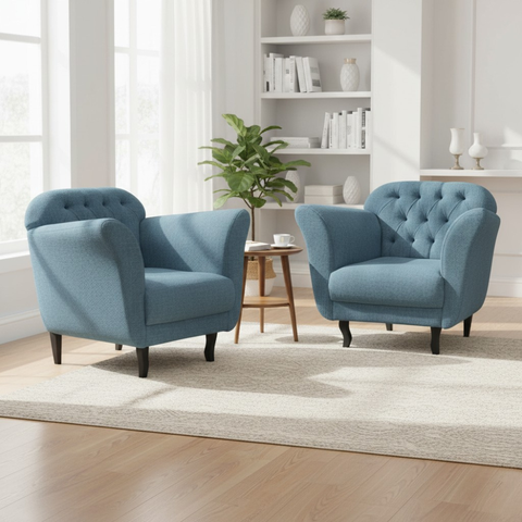 Kit 2 Poltronas Decorativa Dália Linho Azul Pés Madeira Mz Decor