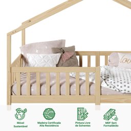 Cama Montessoriana Madeira Maciça Casa com Estrado Lisan Natural - 3