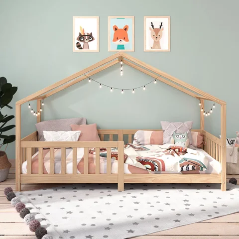 Cama Montessoriana Madeira Maciça Casa com Estrado Lisan Natural Idimex