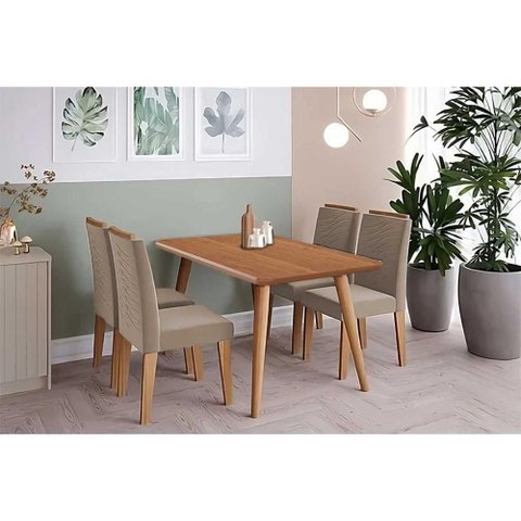 Sala de Jantar Completa Adele Tampo Madeirado 130x80cm e 4 Cadeiras Clarice Carvalho/cinamomo -