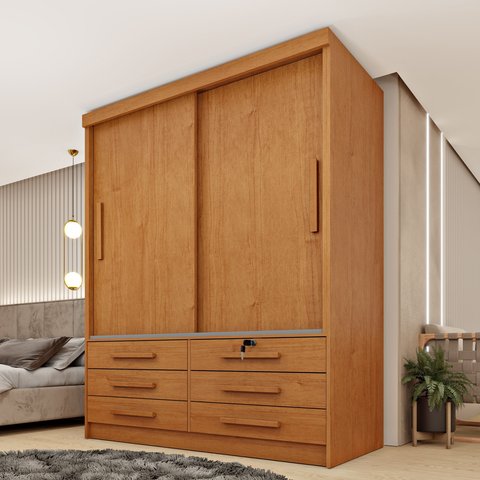 Guarda Roupa Solteiro 2 Portas 6 Gavetas 133cm Chicago Bege/Cinamomo