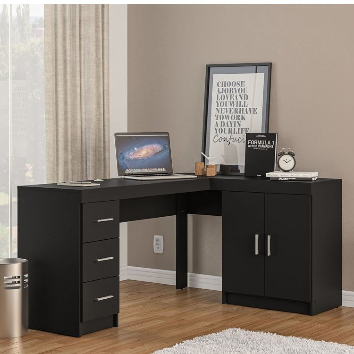 Conjunto Home Office 2 Peças com Mesa em L 2 Portas 3 Gavetas e Estante Livreiro Itapeva Politorno - 2