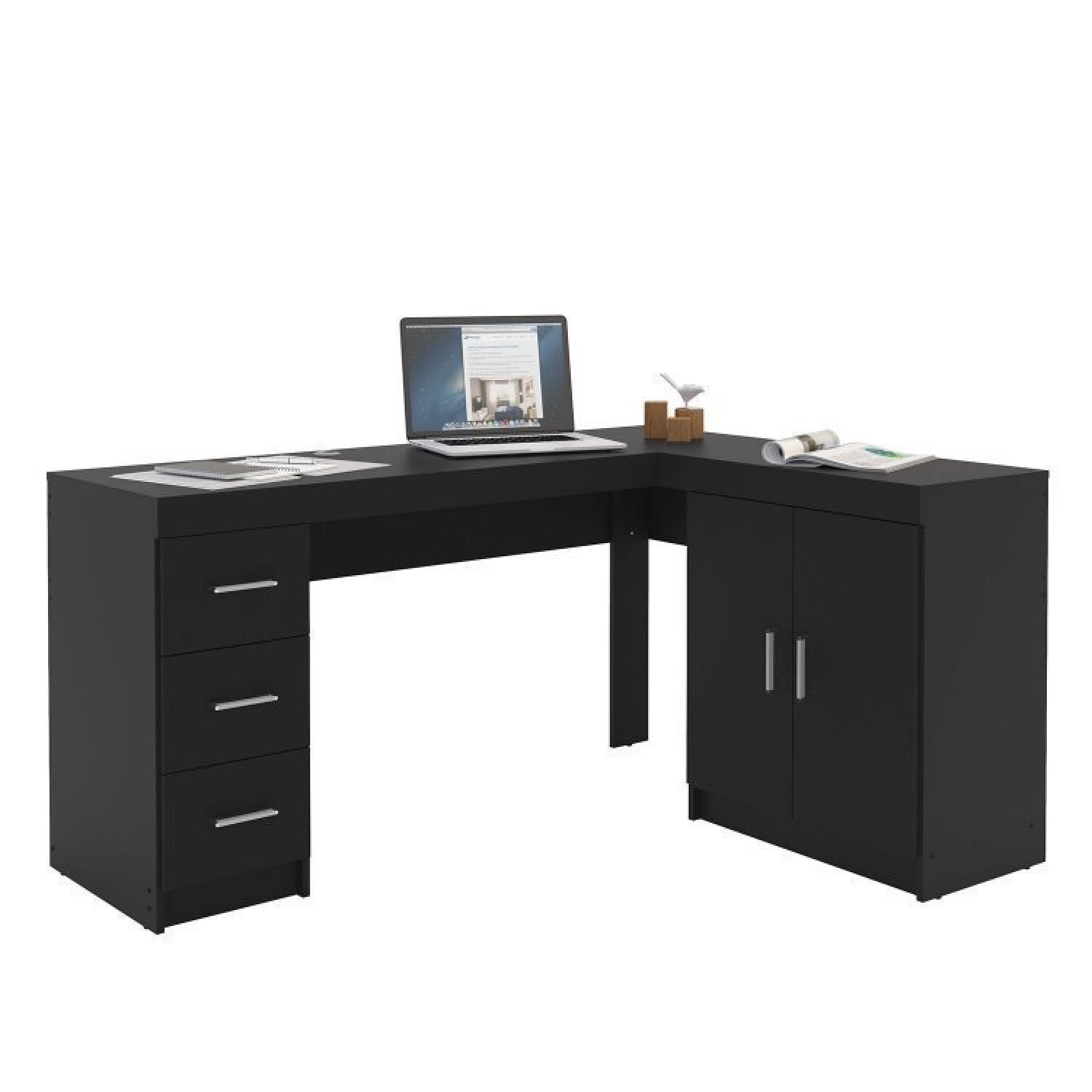 Conjunto Home Office 2 Peças com Mesa em L 2 Portas 3 Gavetas e Estante Livreiro Itapeva Politorno - 5