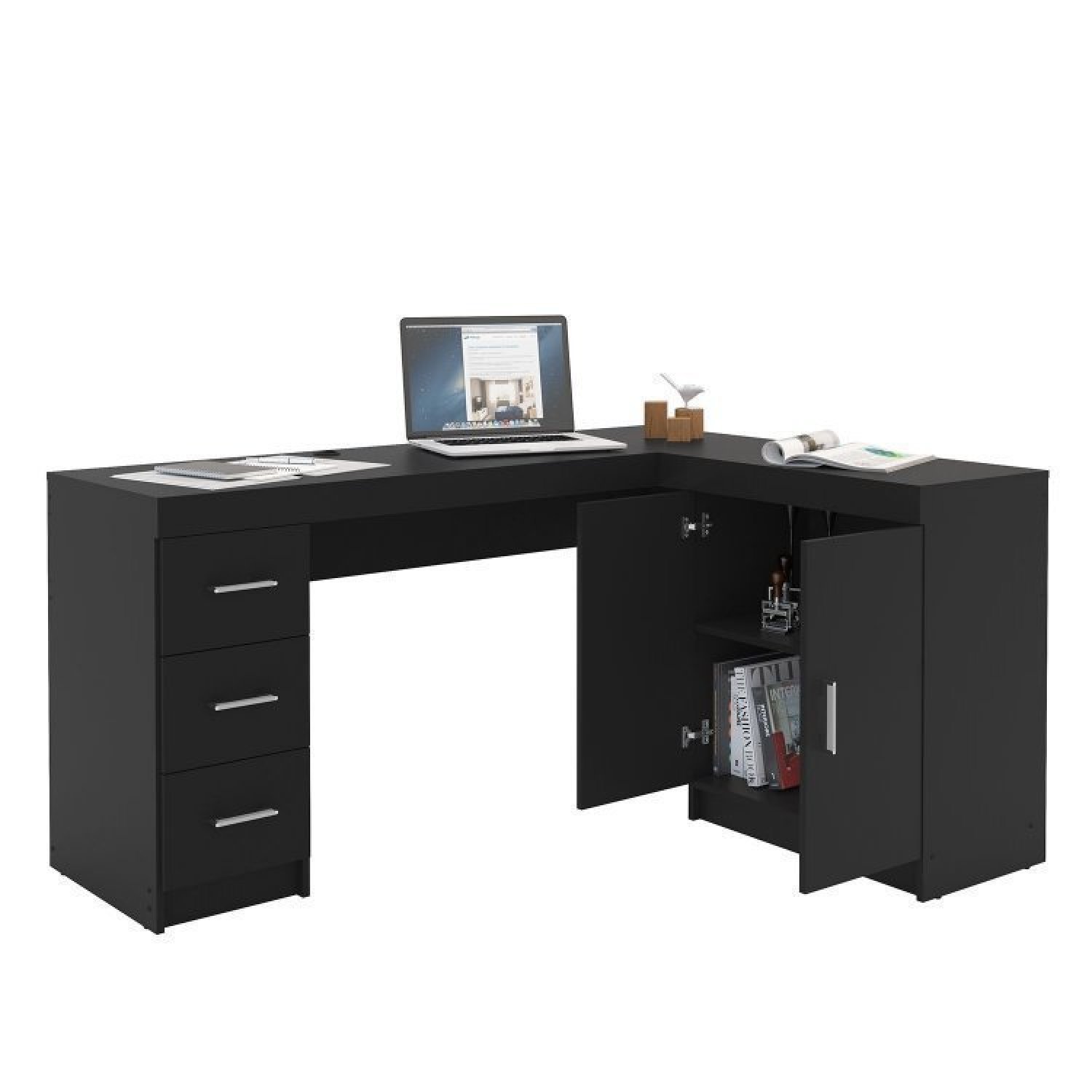 Conjunto Home Office 2 Peças com Mesa em L 2 Portas 3 Gavetas e Estante Livreiro Itapeva Politorno - 7